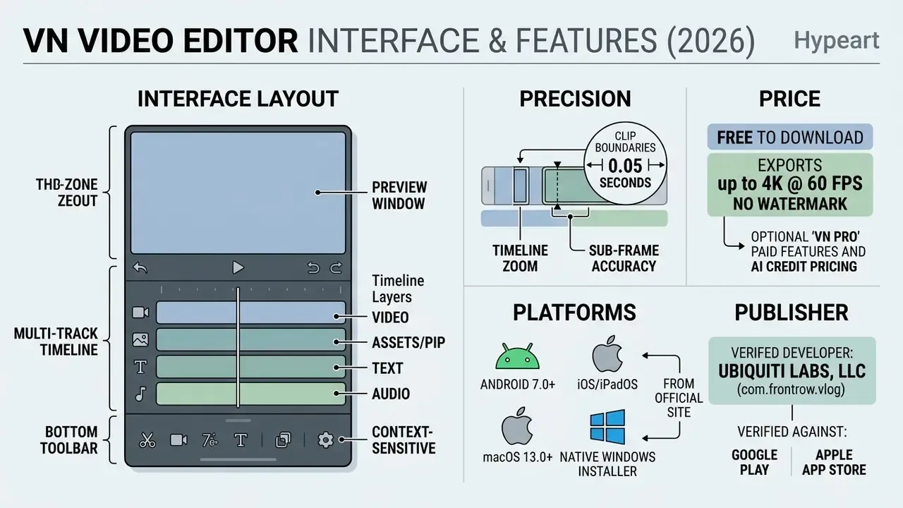 Infographic showing the VN video editor app interface with a multi-track timeline and feature details