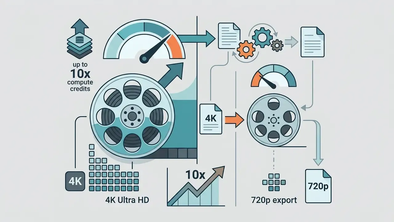 Film reels and gauges illustrating the increased compute credit cost of 4K versus 720p video rendering
