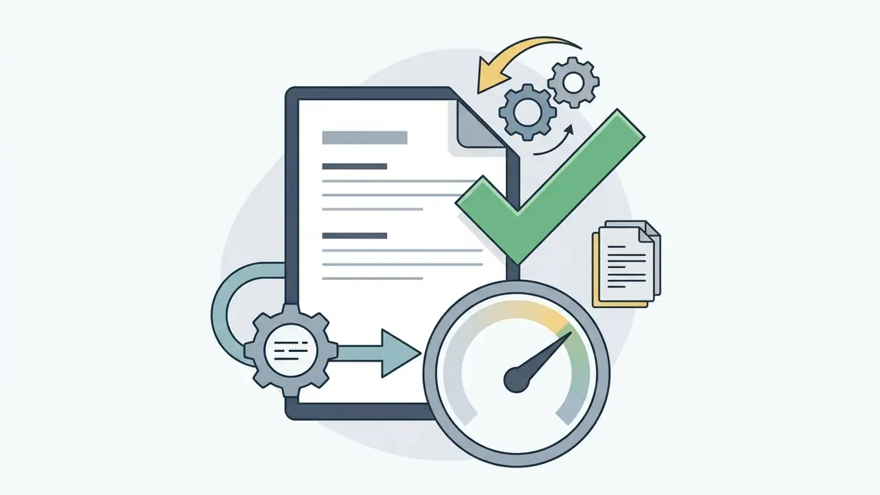 Document with a green checkmark, rotating gears, and a speedometer gauge indicating a verified process
