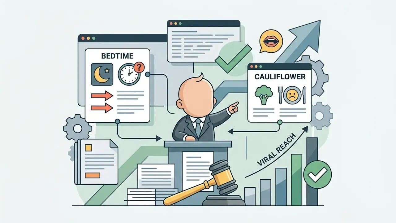 A baby in a suit stands at a podium with a gavel, pointing to charts about bedtime and cauliflower