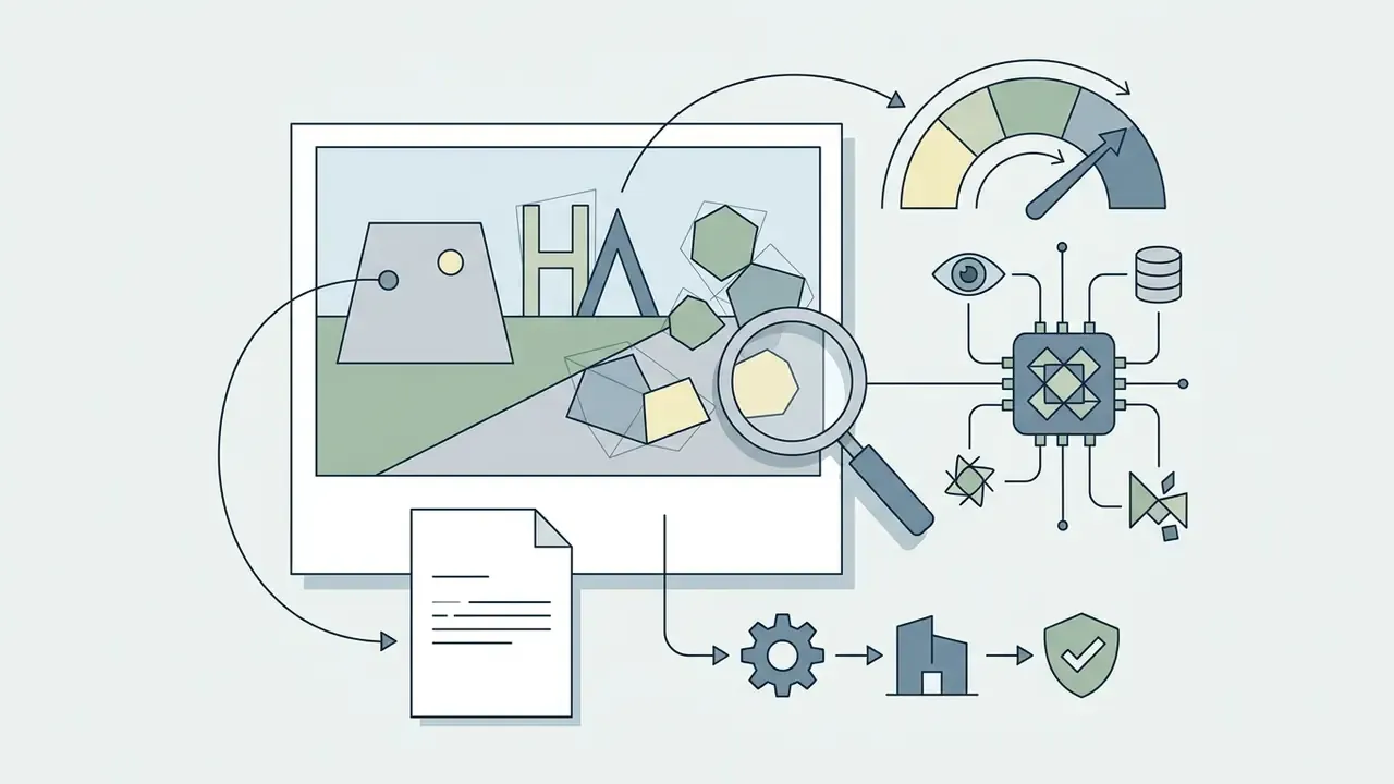 Magnifying glass examining shapes and symbols in a photo connected to a central processor and icons