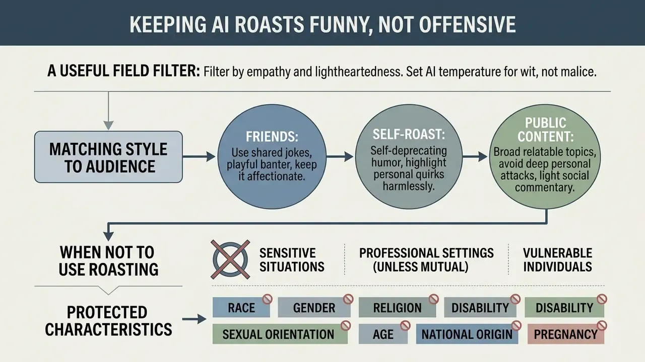 Flowchart outlining strategies for appropriate humor by audience type and restricted sensitive categories