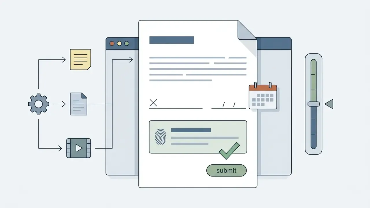 Gear mechanism processing documents and media into a signed form with biometric data and a submit button