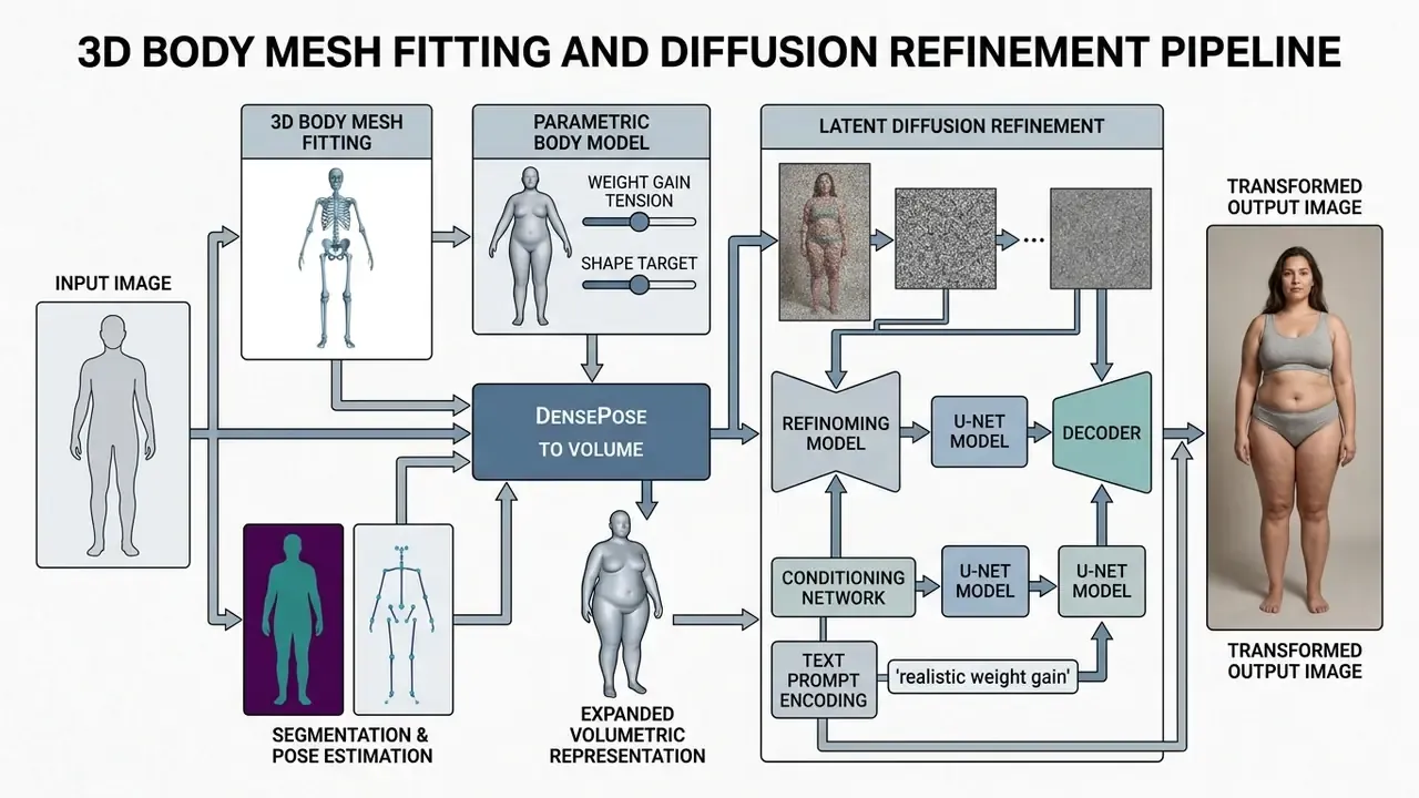 Diagram showing the technical workflow of 3D body mesh fitting and latent diffusion refinement