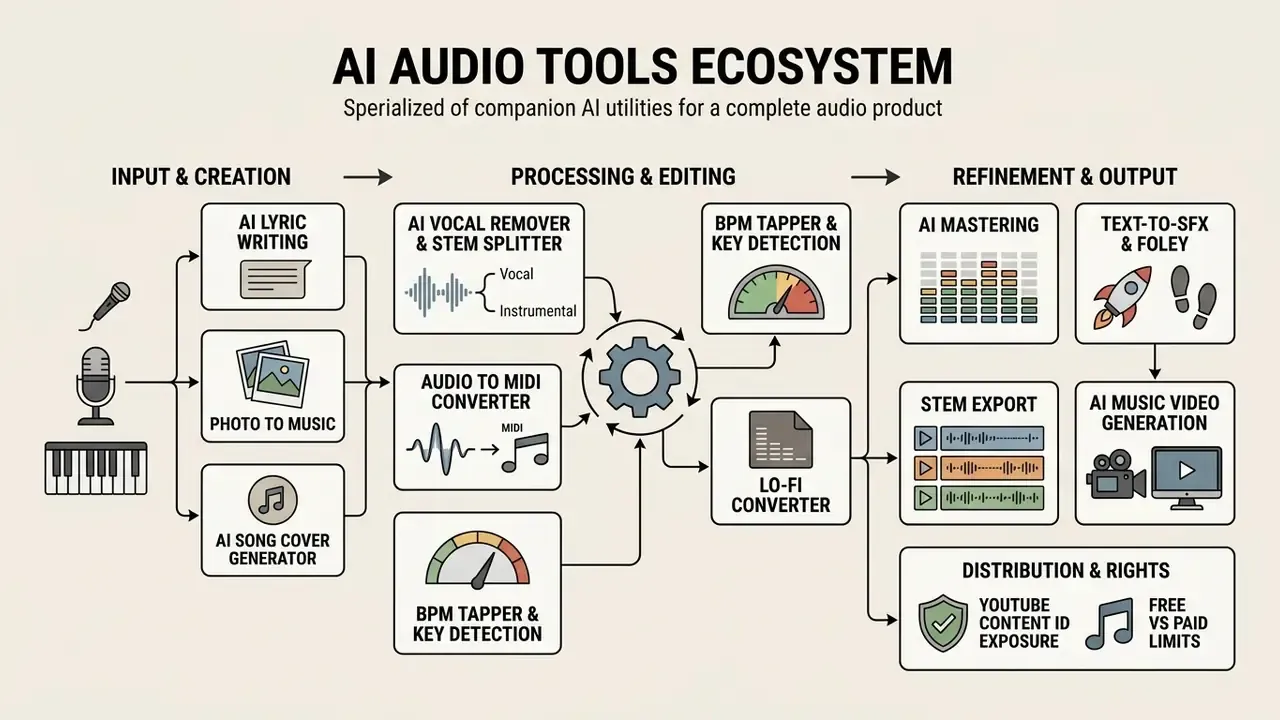 Diagram mapping the specialized AI utilities used for audio creation, processing, and output refinement