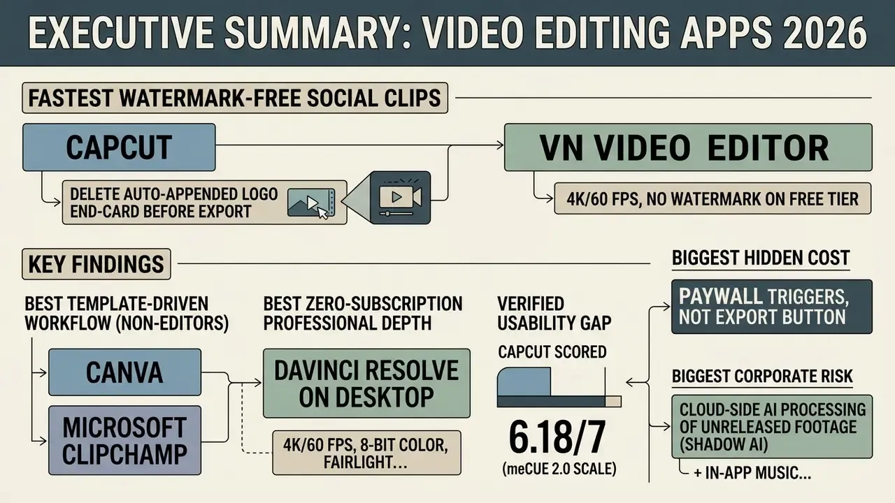 Infographic comparing video editing apps by workflow efficiency, professional features, and usability