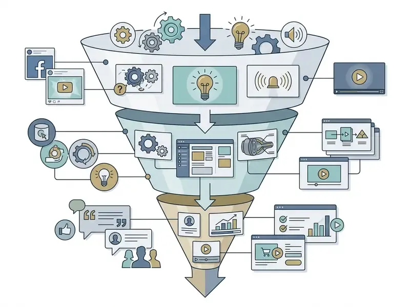 Marketing funnel diagram mapping various video formats to top, middle, and bottom buyer stages