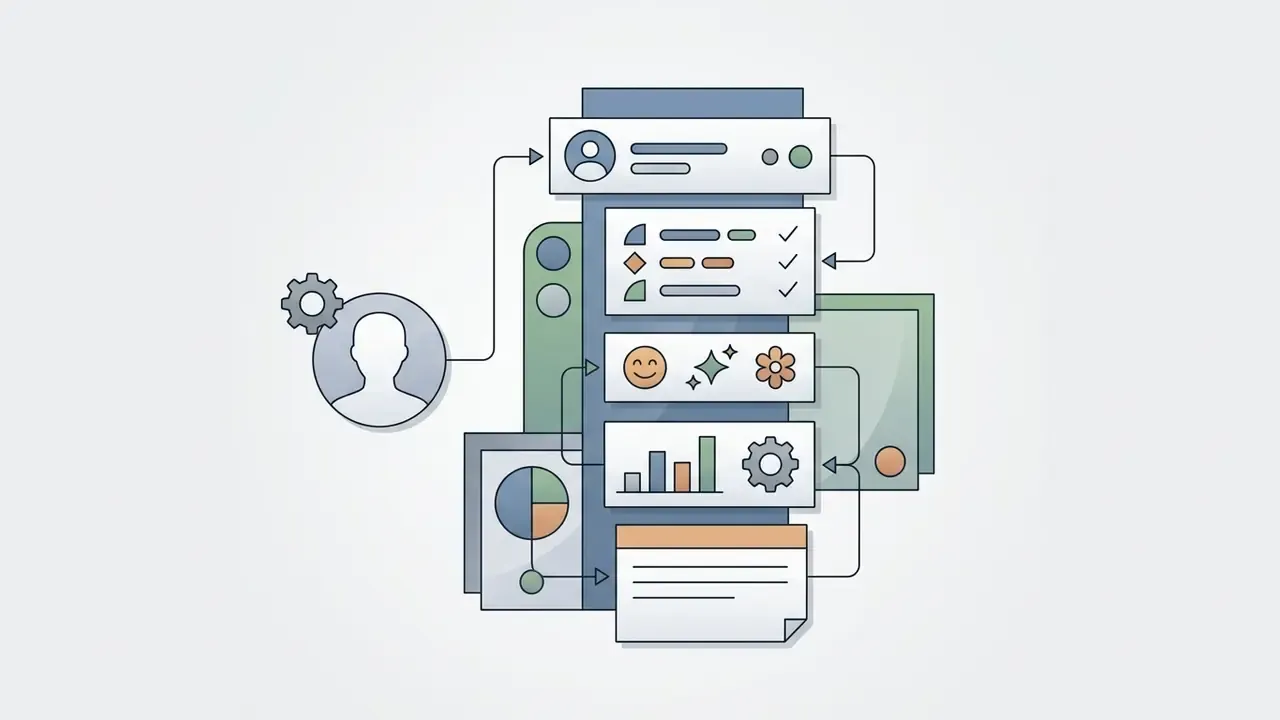 User profile icon connected by arrows to a vertical stack of data panels and settings menus