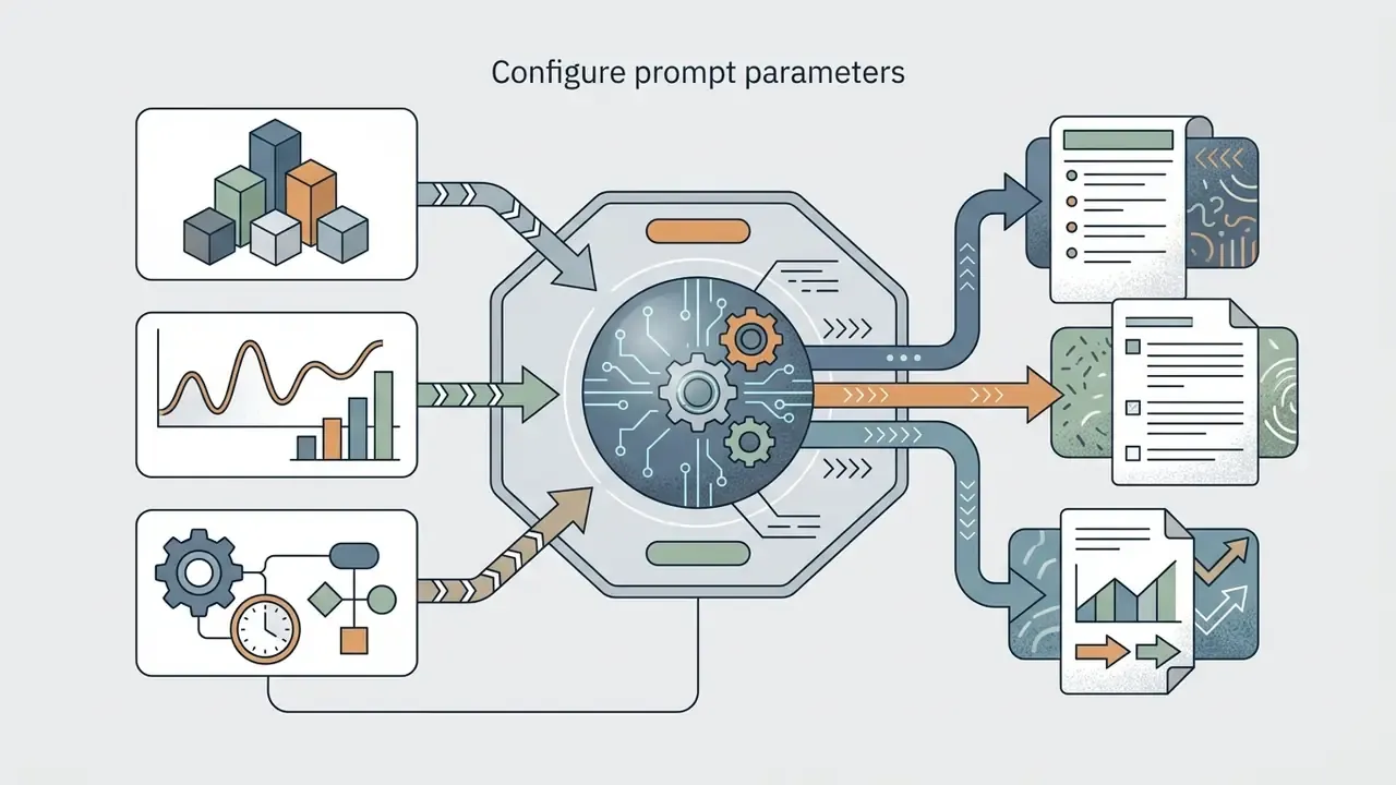 Data blocks, charts, and workflows feeding into an AI processor to generate structured educational documents
