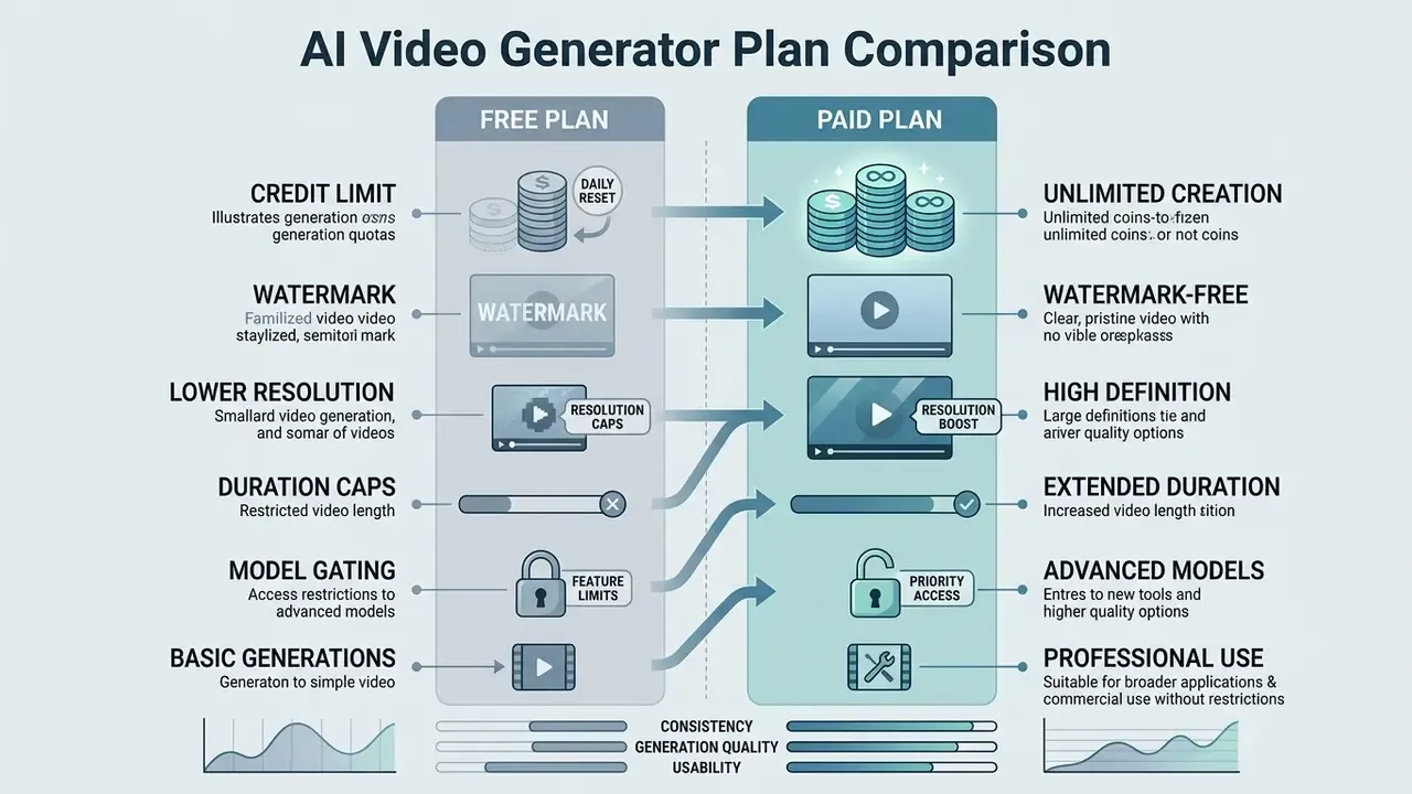 Comparison table contrasting features like watermarks and resolution between free and paid AI video plans