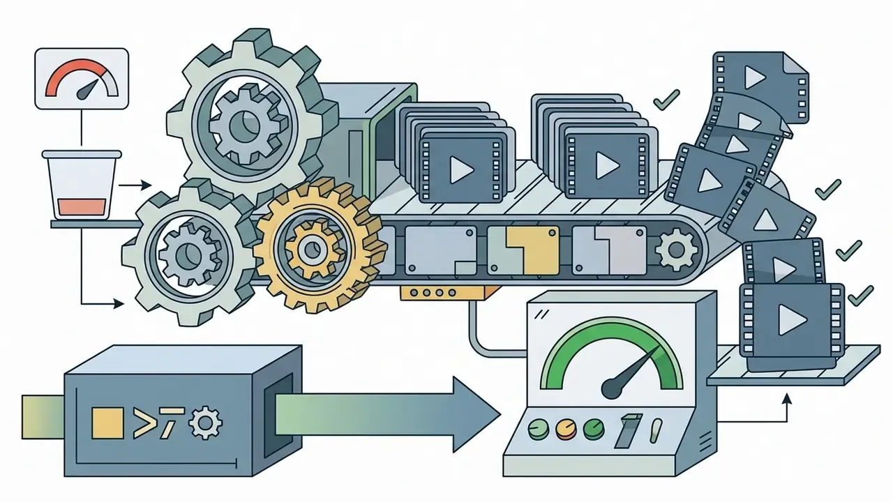 Conveyor belt moving video files through gears and a control gauge to output finished media assets