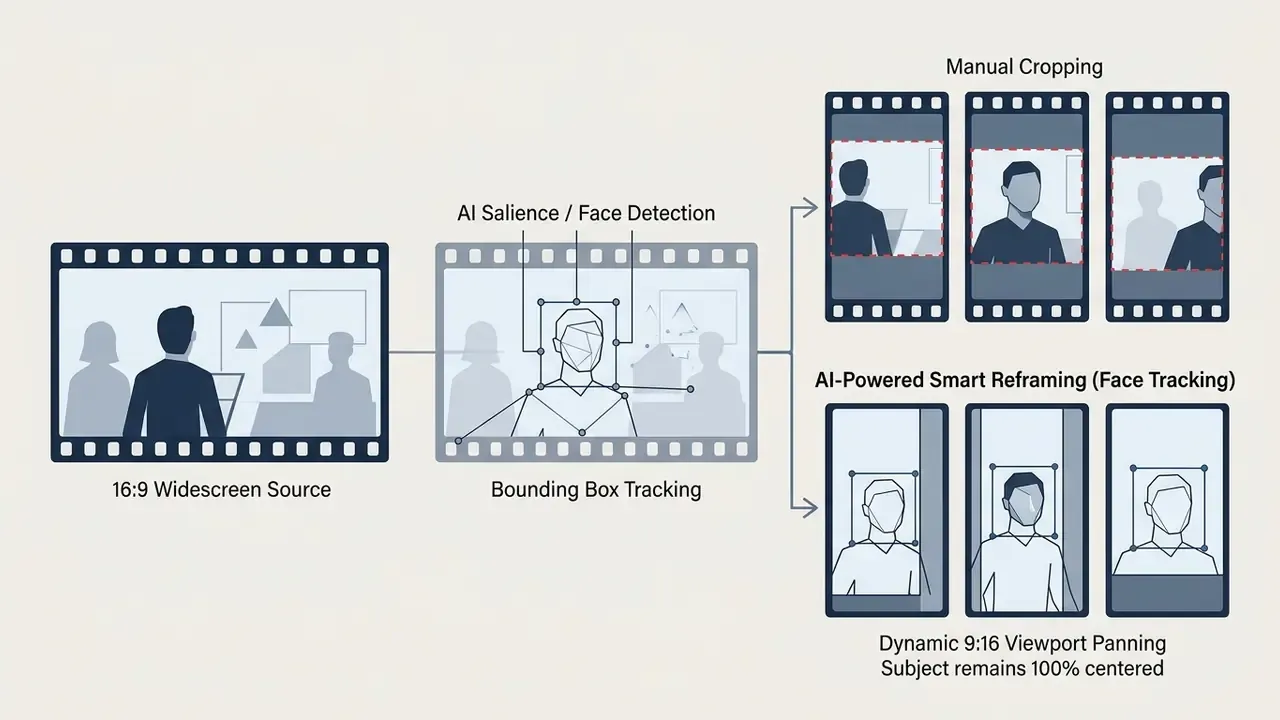 Comparison between manual cropping and AI face tracking to reframe widescreen video into vertical format