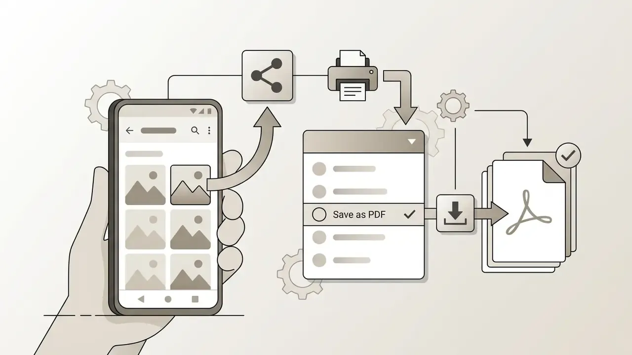 Hand holding a smartphone using a share and print menu to save image files as a PDF document