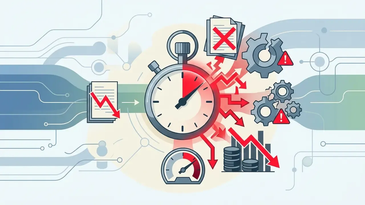 Stopwatch surrounded by icons of failing documents, broken gears, and declining financial charts