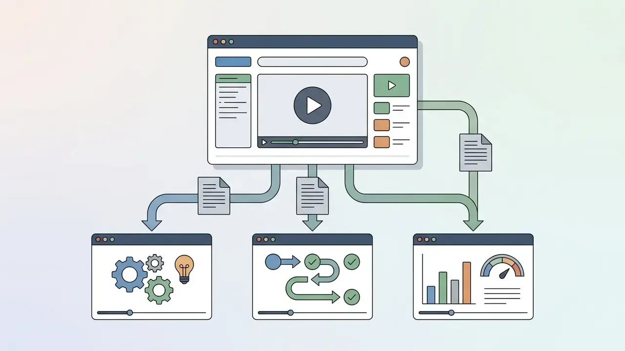Central video editor interface distributing content to three separate windows showing technical workflows