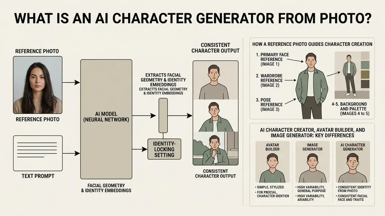 Infographic showing how an AI model processes reference photos and text prompts to generate consistent characters