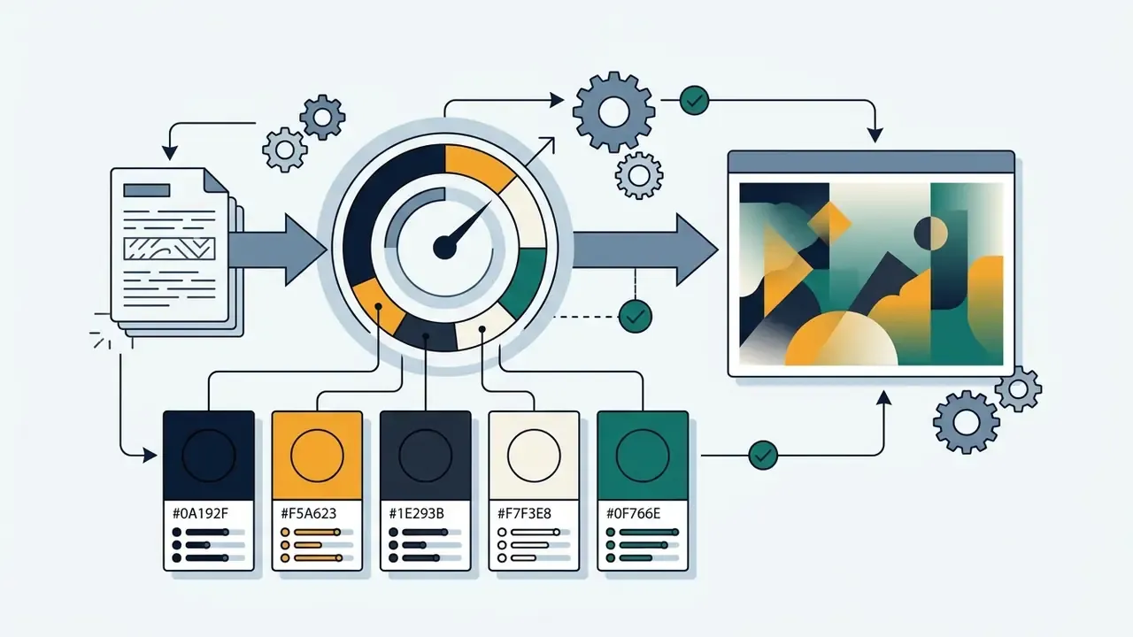 Stack of documents feeding into a color-coded gauge that outputs to a framed abstract image