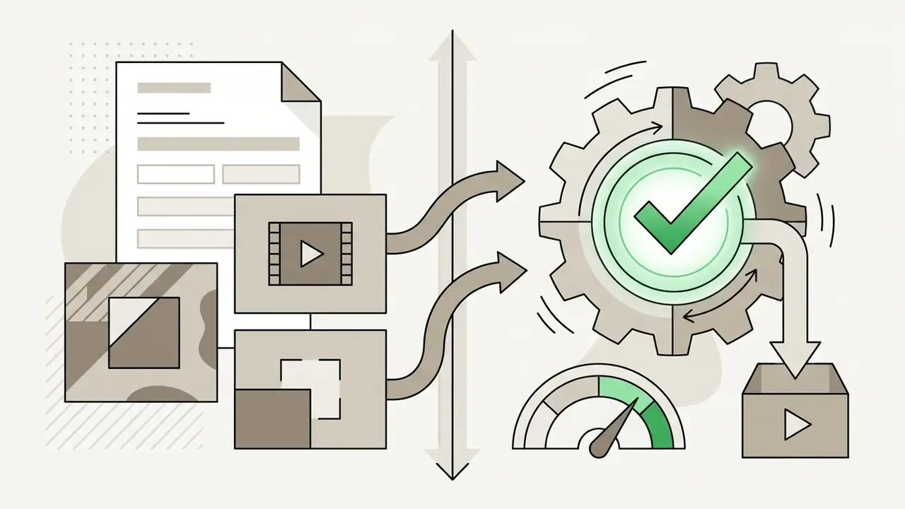 Document and media inputs feeding into a gear mechanism with a checkmark to validate usage permissions