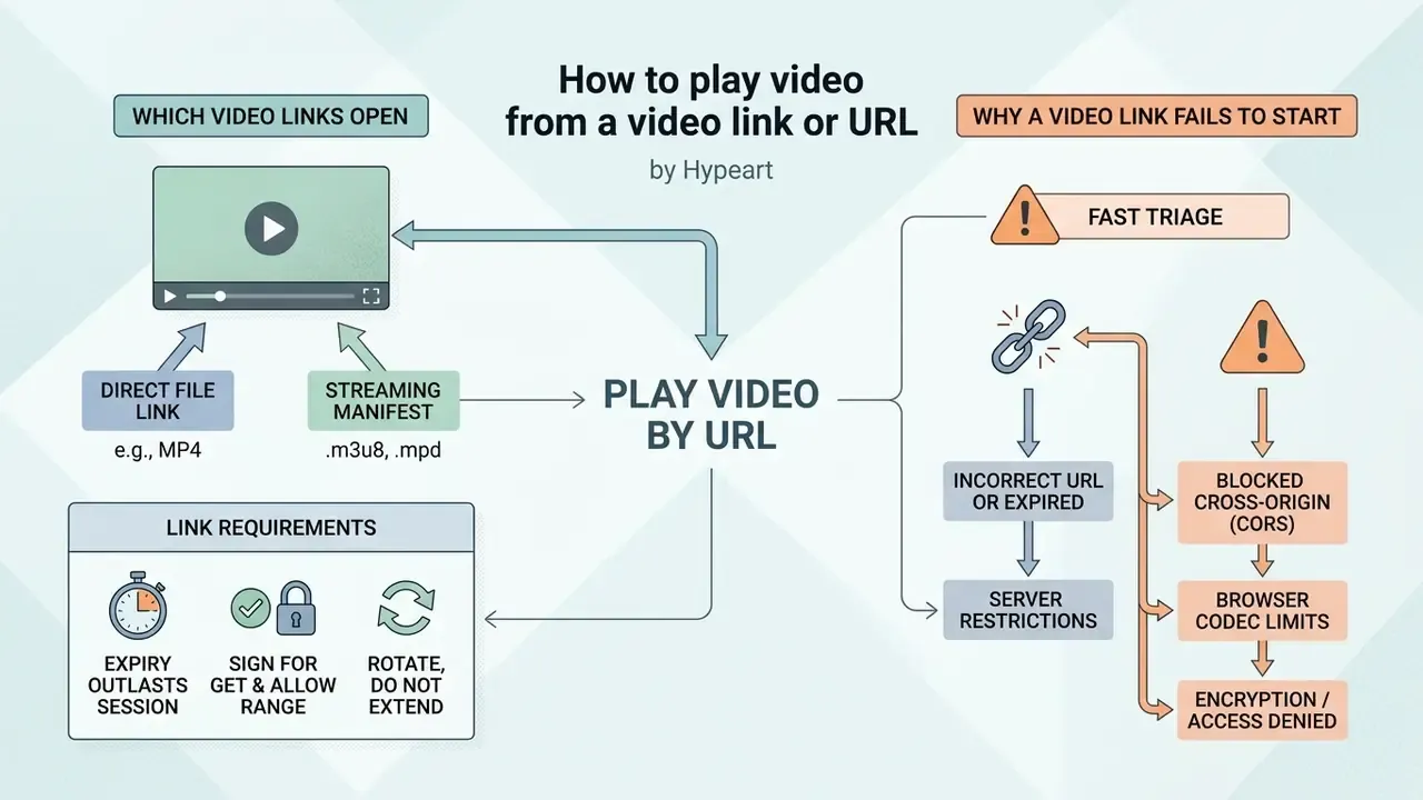 Infographic showing link requirements and troubleshooting steps for streaming media via URL