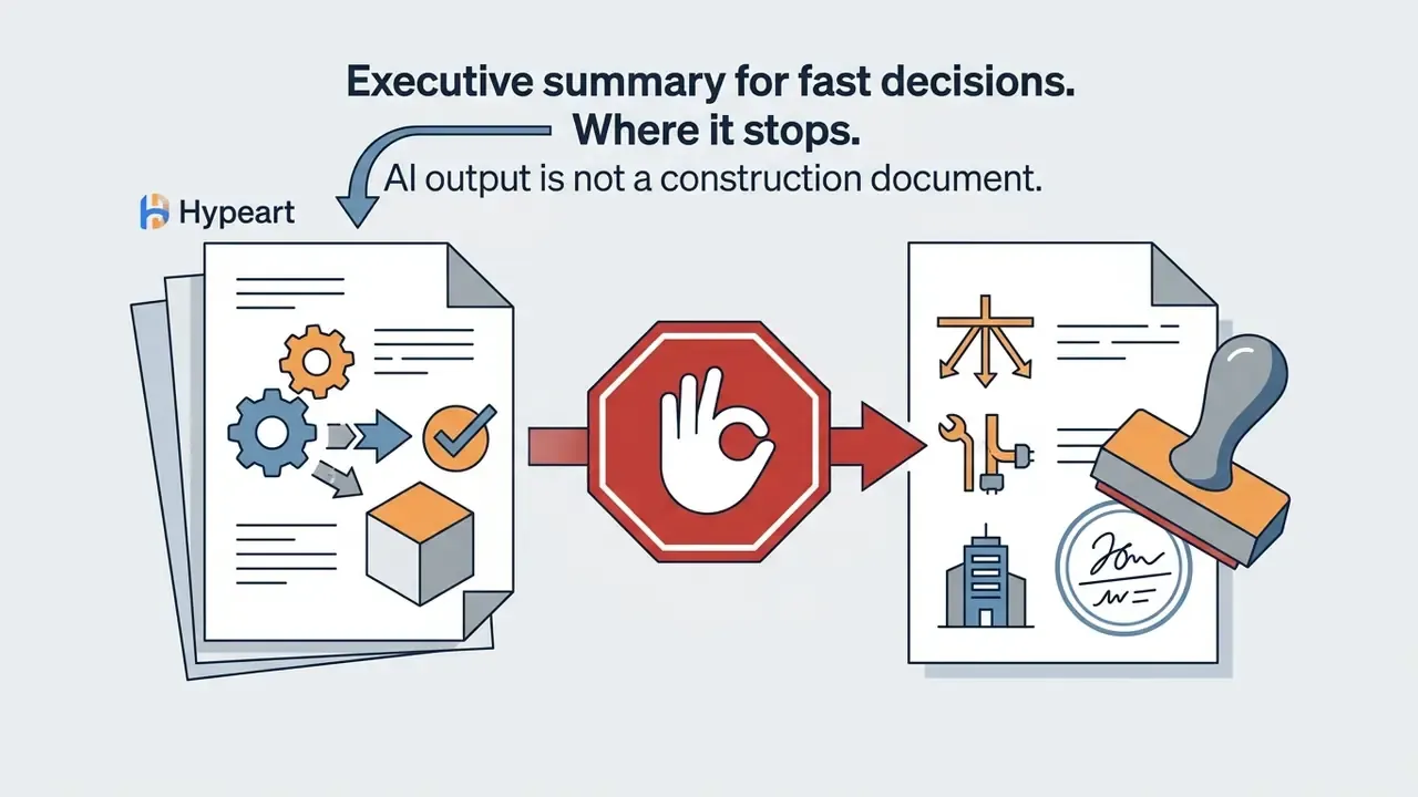 Conceptual flow from digital design documents to a stamped professional construction blueprint