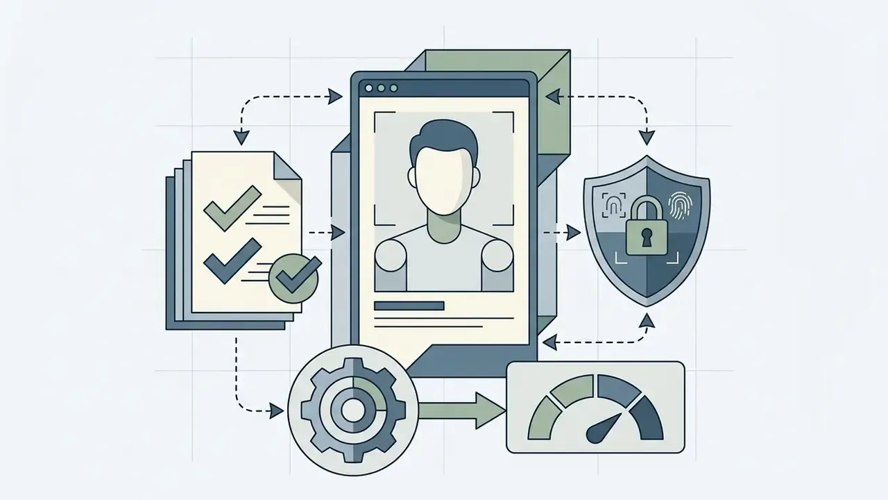Portrait interface linked to checked documents, a security shield, and a gear processing a gauge