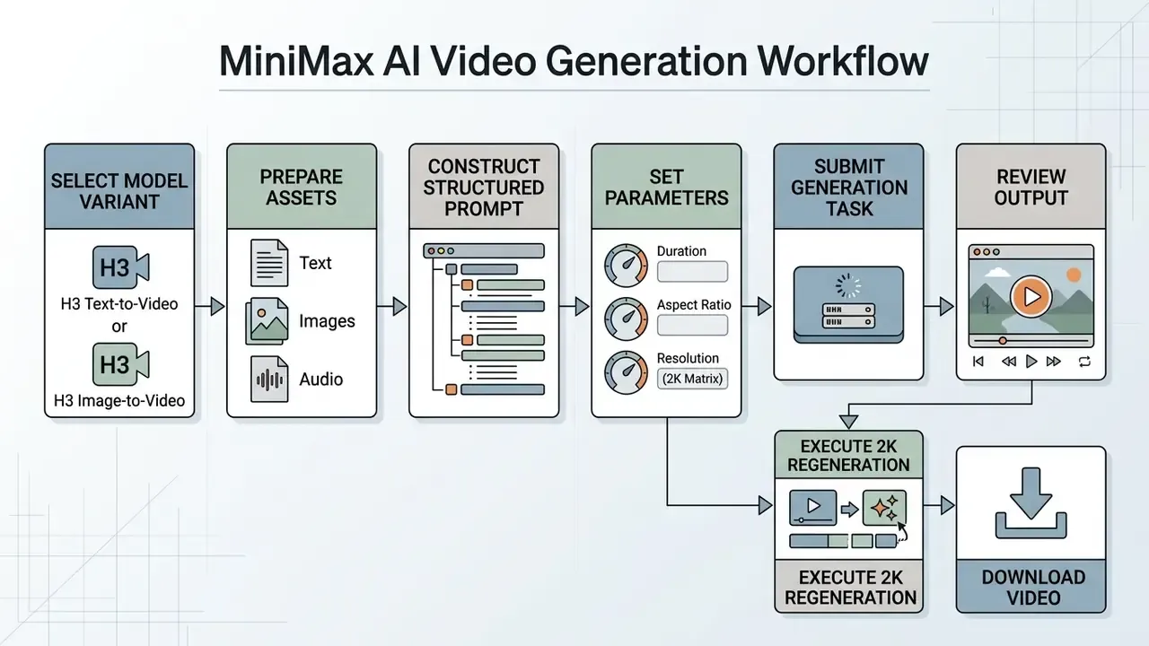 Sequential process diagram showing steps from model selection and asset preparation to video export