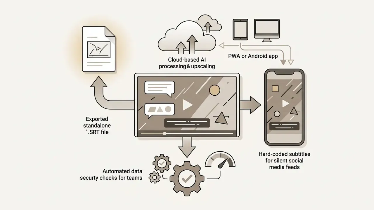 Diagram showing subtitle export options, cloud AI processing, and mobile social media rendering
