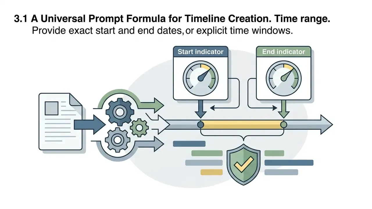 Document feeding through gears into a timeline with start and end gauges and a shield icon