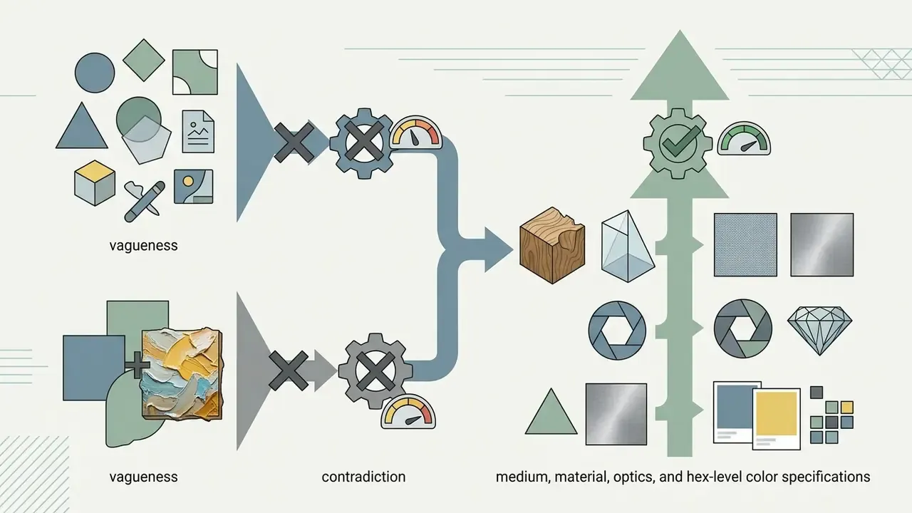 Two funnels leading to blocked gears and an arrow pointing toward refined material and color icons