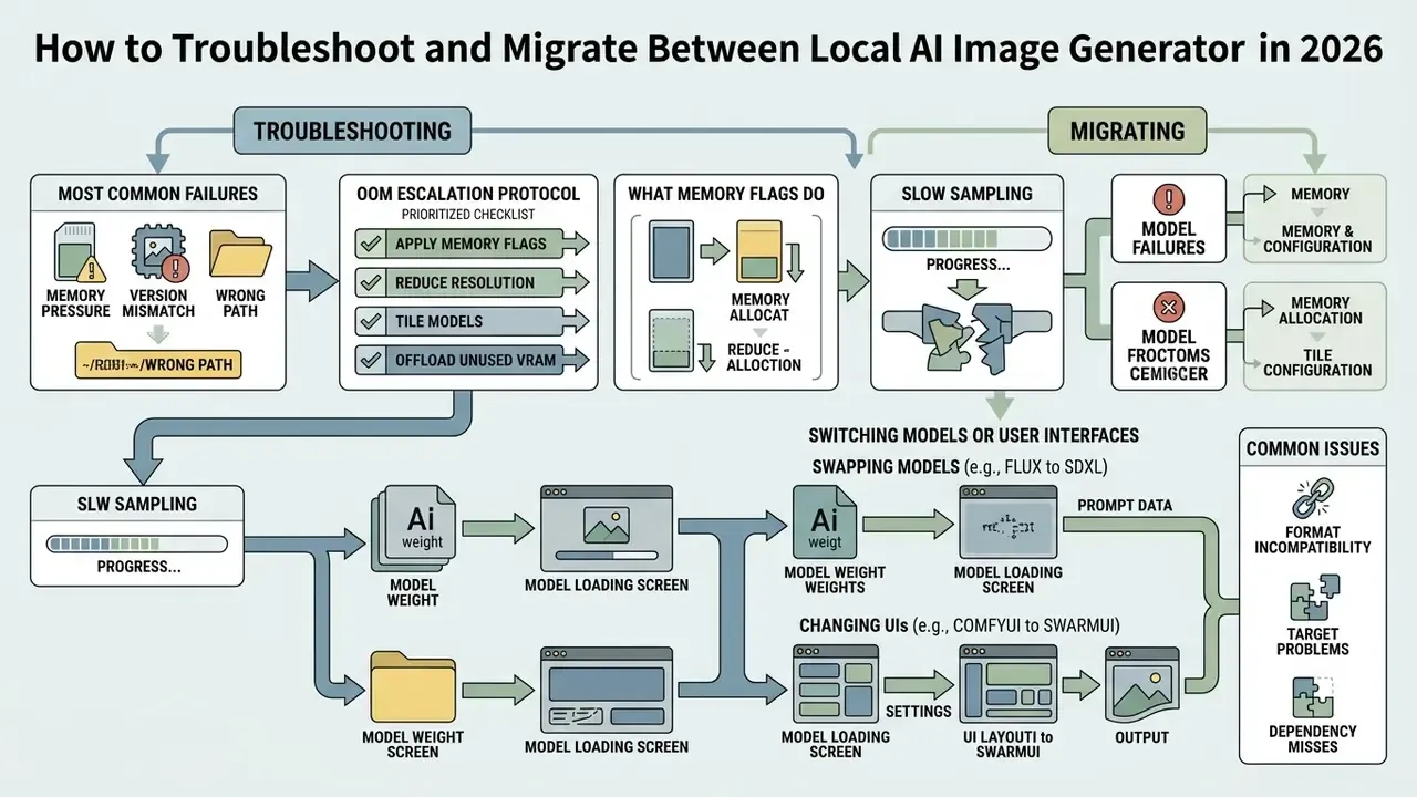 Flowchart outlining OOM escalation protocols, memory flag functions, and model migration steps