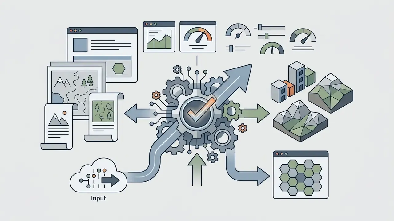 Central gear mechanism processing data inputs into diverse terrain maps and 3D environment assets