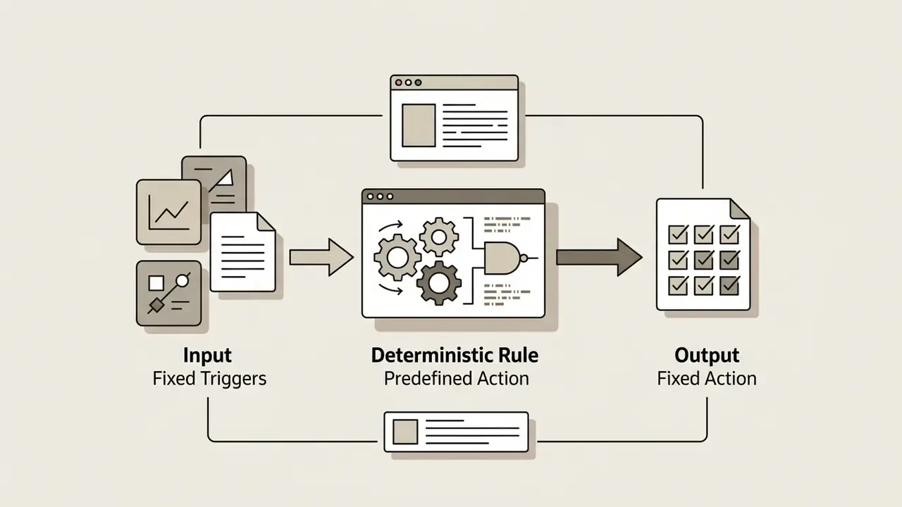Flowchart showing fixed inputs moving through a deterministic rule engine to produce a fixed output