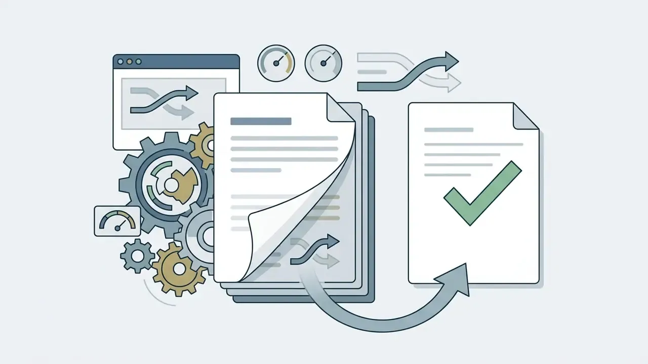 Gears and gauges processing document data into a finalized report with a green checkmark