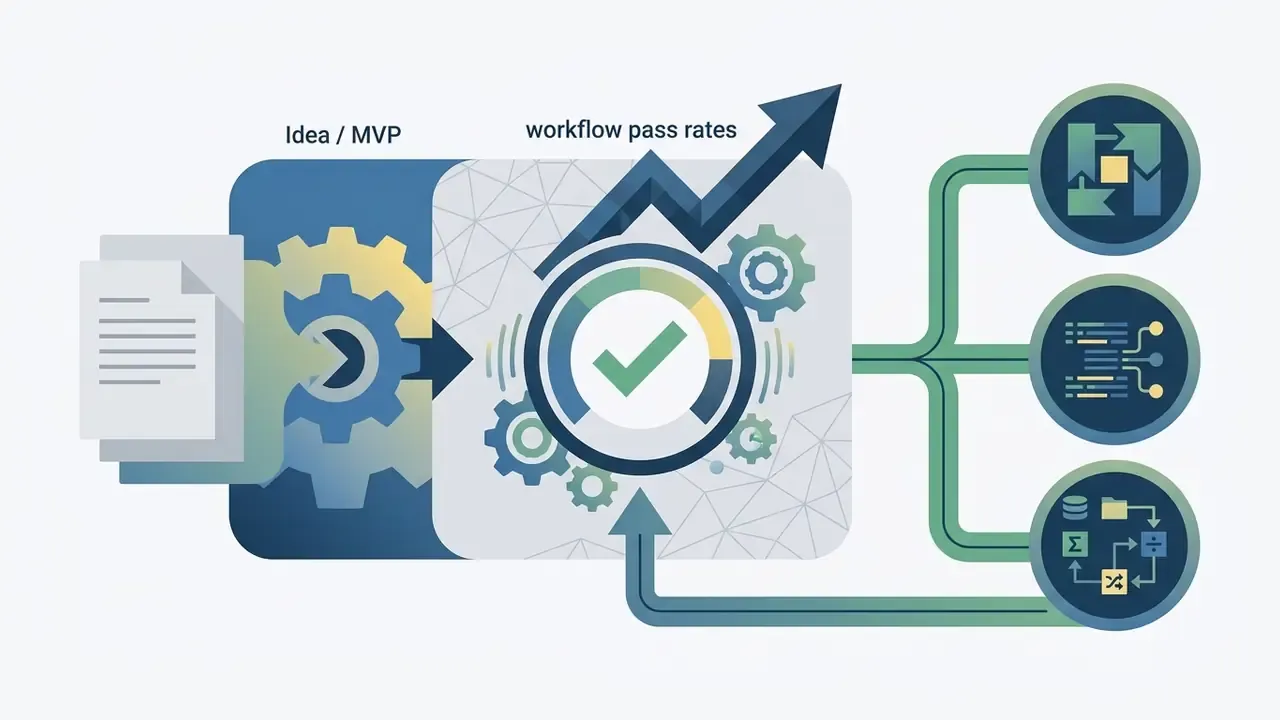 Document input feeding into a gear mechanism that improves workflow pass rates and branches into three outcomes