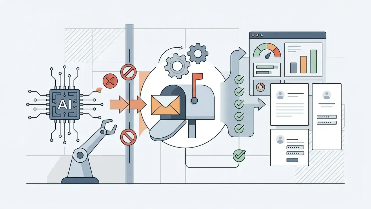 AI processor and robotic arm blocked by a barrier from accessing mailbox and user account registration forms