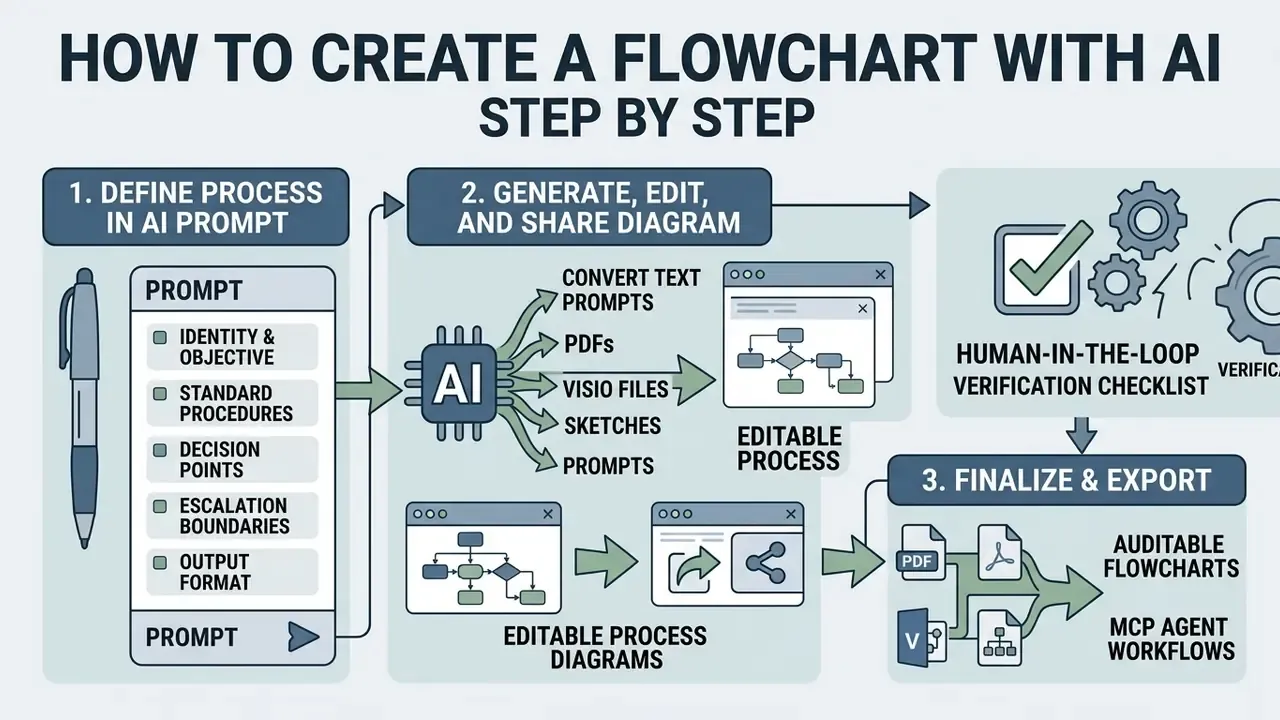 Four-step diagram illustrating how AI converts text prompts and documents into editable process flowcharts