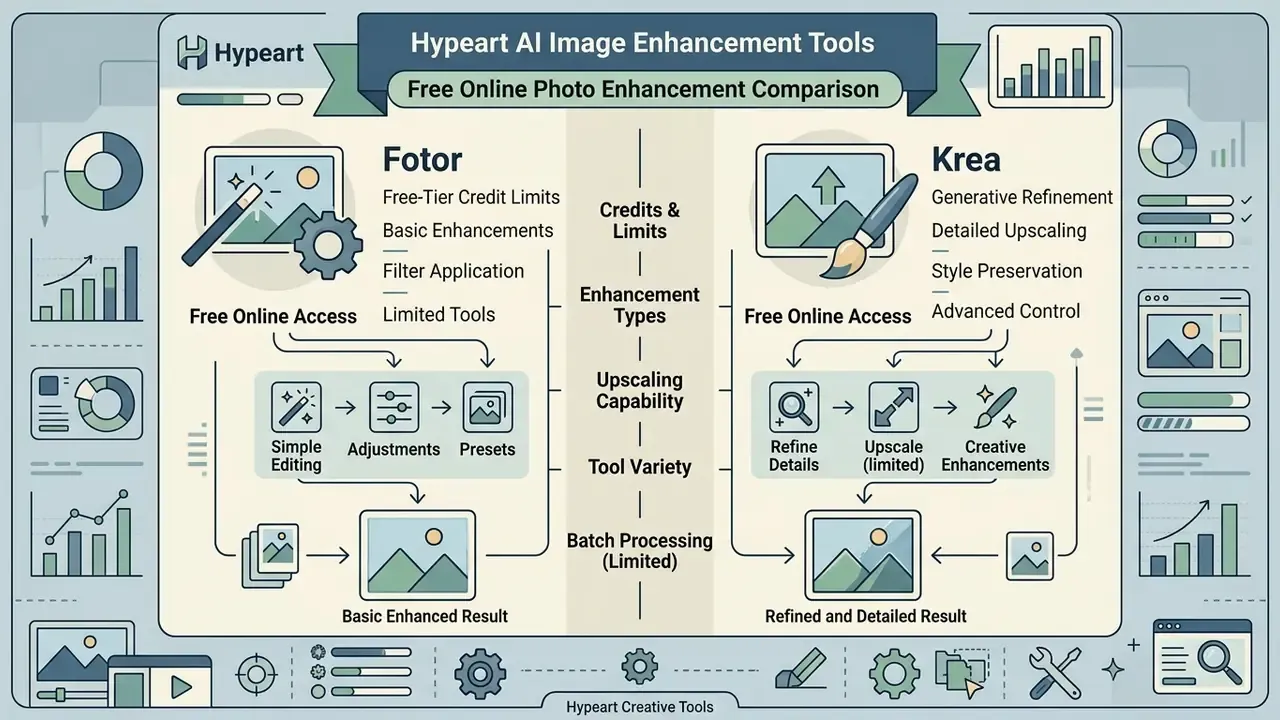 Comparison chart contrasting feature sets and processing workflows for Fotor and Krea software platforms