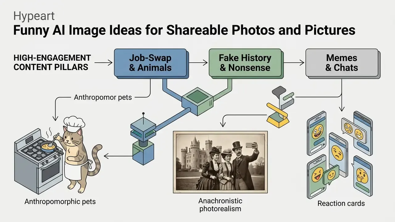 Flowchart mapping content pillars to examples like anthropomorphic pets, vintage selfies, and chat bubbles