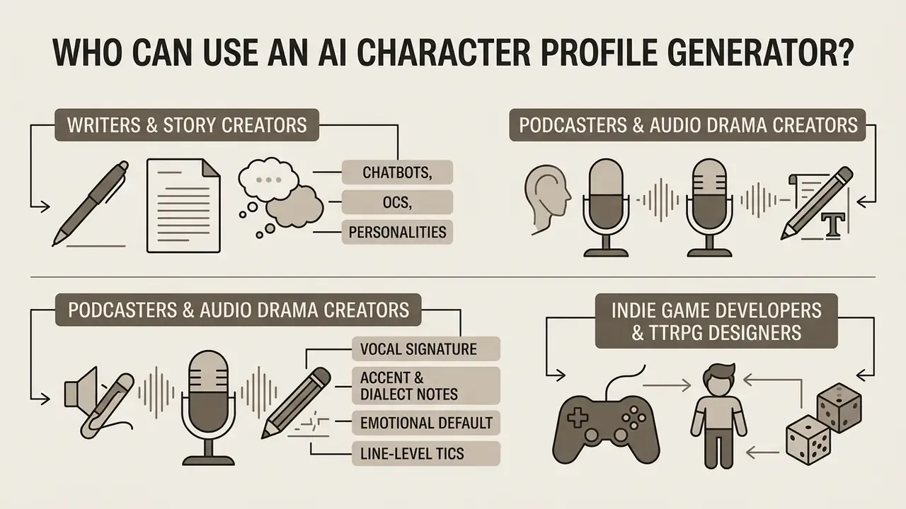 Icons and text categories outlining potential users like writers, podcasters, and game developers