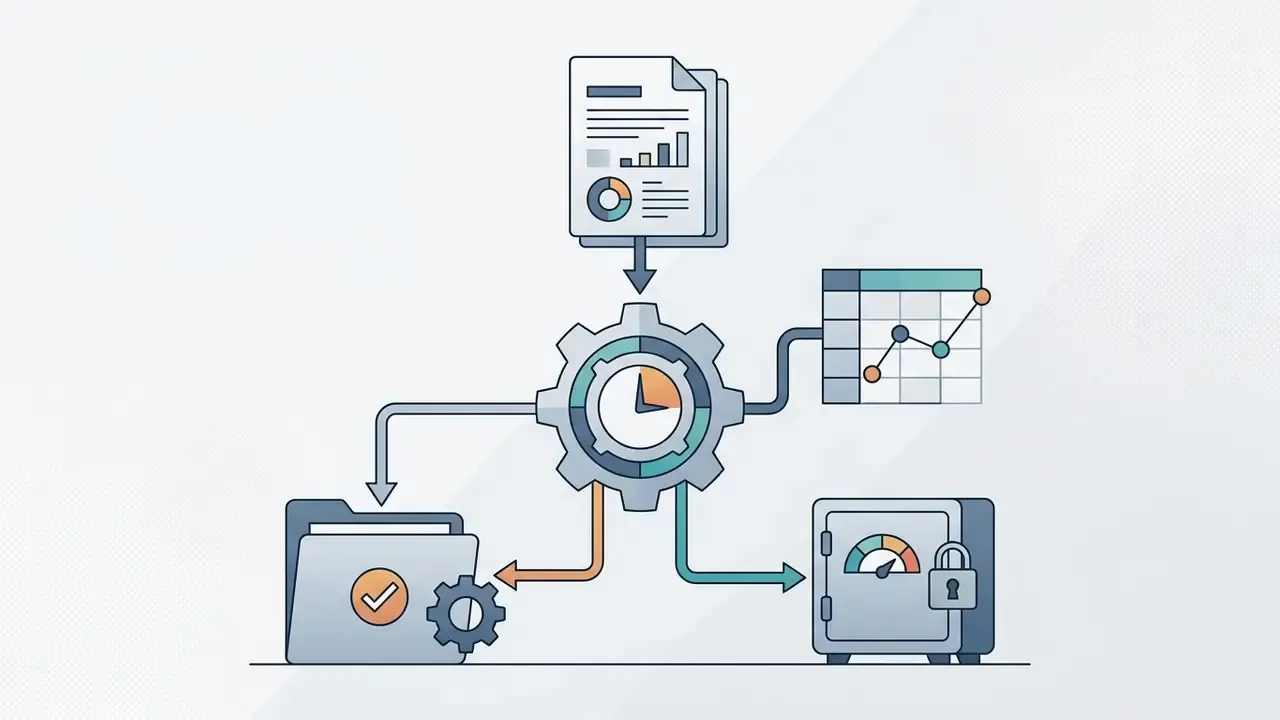 Central gear mechanism processing documents and data into organized storage and secure vault folders