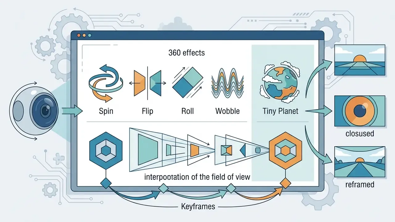 Icons for 360 camera effects and keyframe interpolation showing field of view transitions for footage
