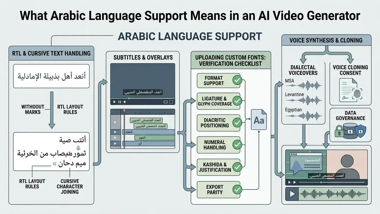 Infographic detailing technical requirements for Arabic language support in an AI video generator
