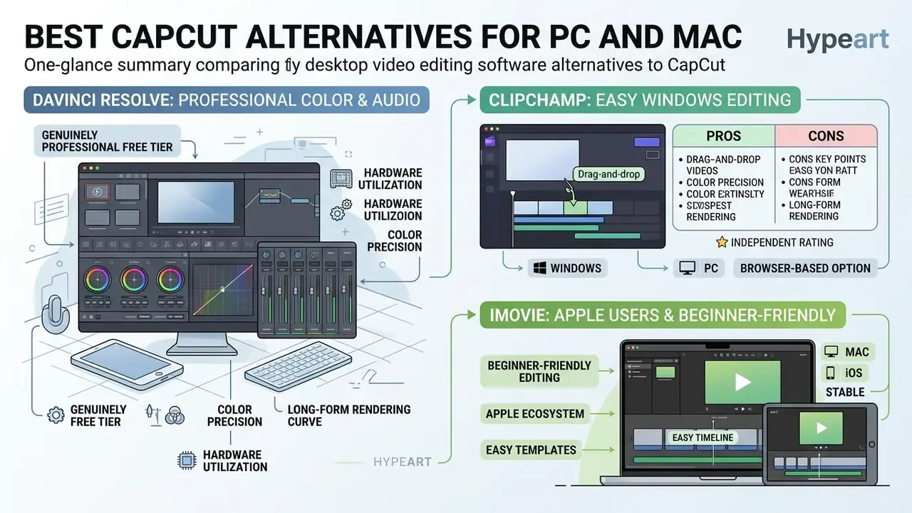 Infographic comparing DaVinci Resolve, Clipchamp, and iMovie as desktop video editing software alternatives