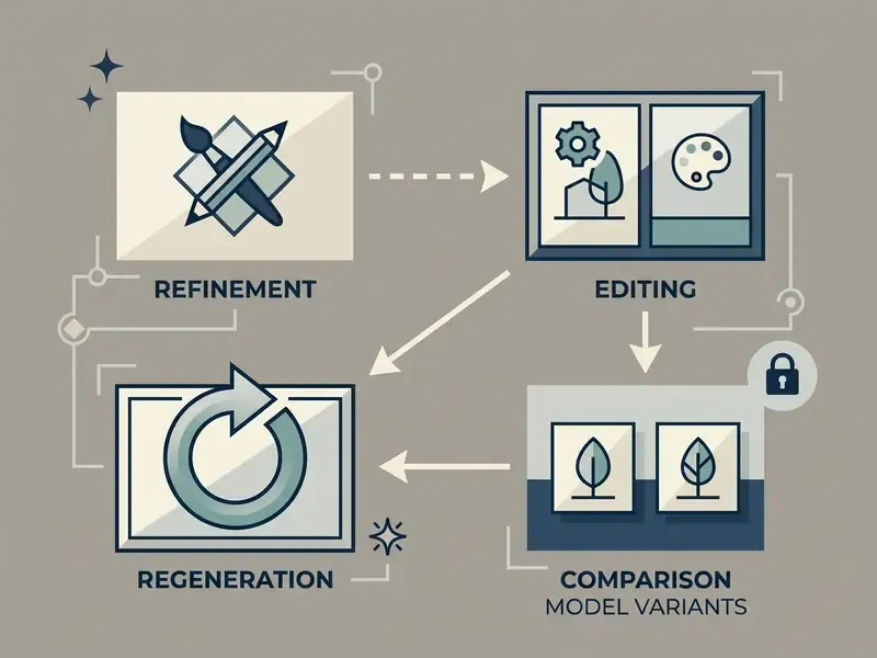 Cycle of refinement, editing, and regeneration steps for comparing AI generated image model variants
