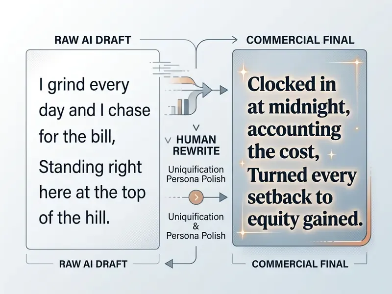 Diagram showing raw rap lyrics being transformed into a polished commercial version through human editing