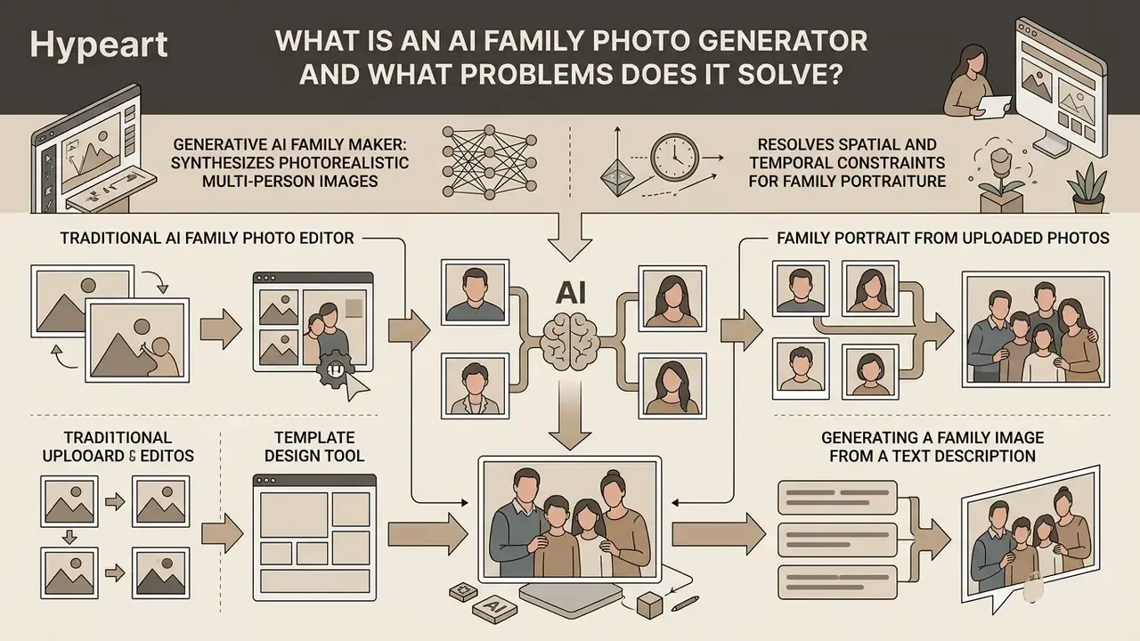 Infographic showing how neural networks synthesize family portraits from uploaded photos or text prompts