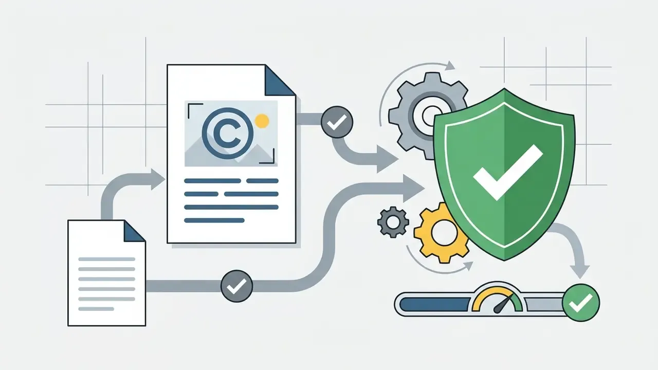 Files with copyright symbols moving through gears and a shield icon toward a progress bar with a checkmark