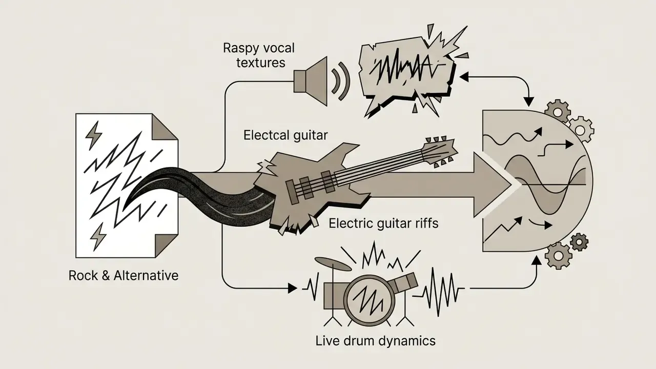 Document icon feeding into guitar, drum, and vocal icons that merge into a central audio waveform