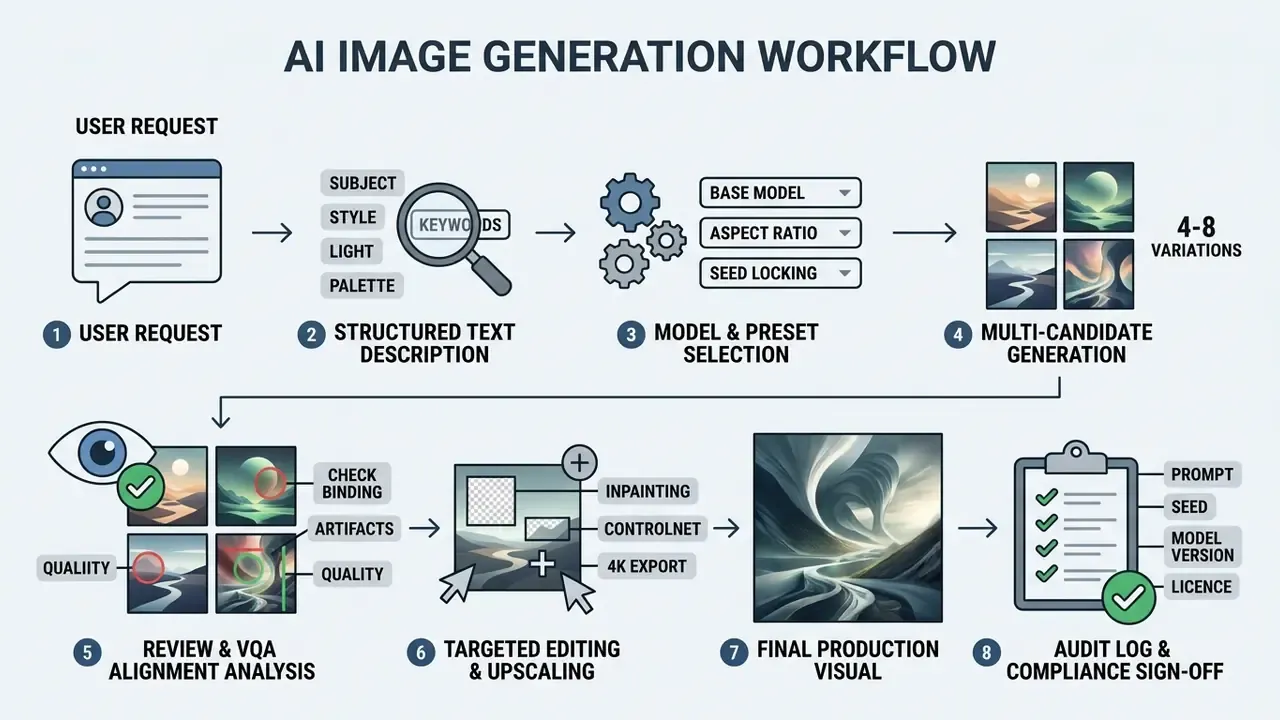 Eight sequential steps for how to generate images from text prompts including refinement and audit logs