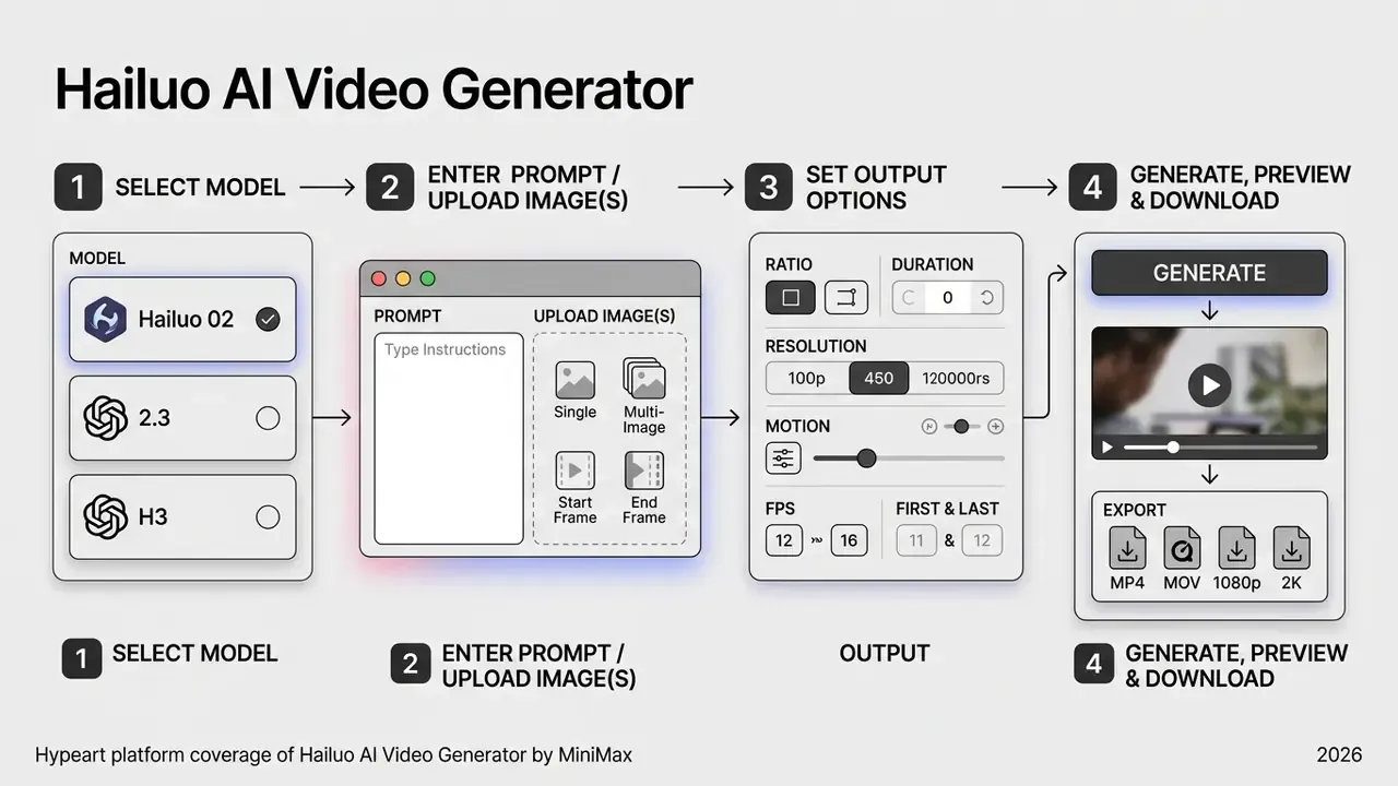 Step by step workflow for the Hailuo AI video generator showing model selection through to final export